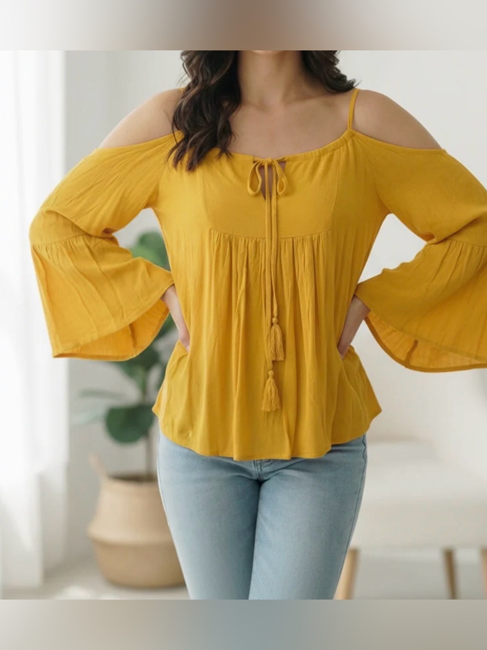 Andthewhy Boho Cold-Shoulder Mustard Top with Tassel Tie